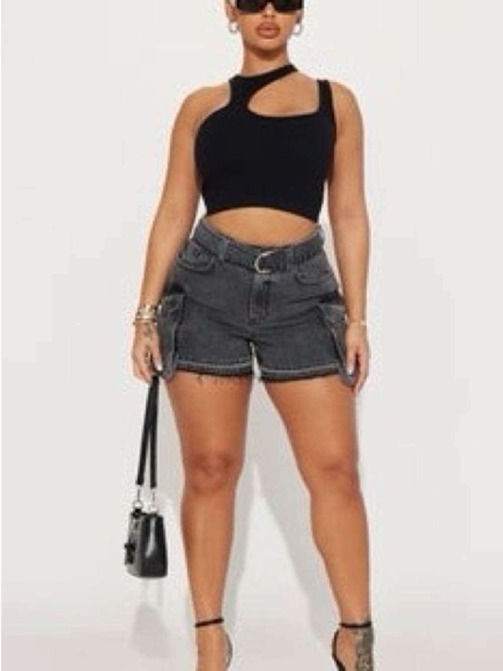 Fashion Nova Black Washed Cargo Denim Shorts